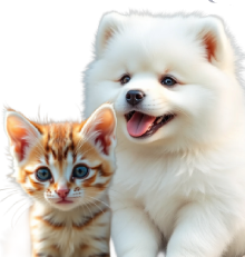 Perro y gato felices promoviendo adopción y rescate